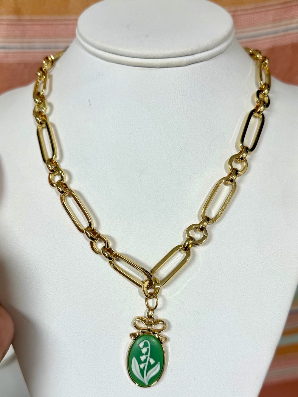 Gold Link Necklace with Green Enamel Lily Pendant- 18”
